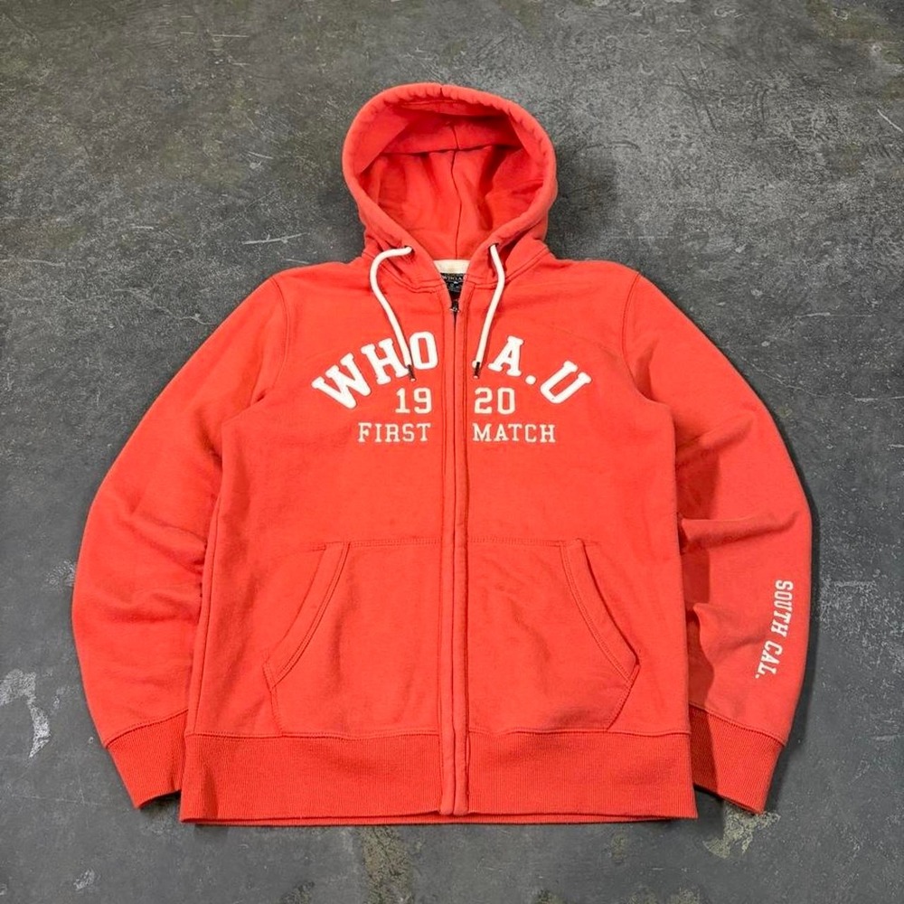 Who.A.U Mens Large Vintage Y2K Orange Surfwear Zip Up Hoodie South Cal 1920